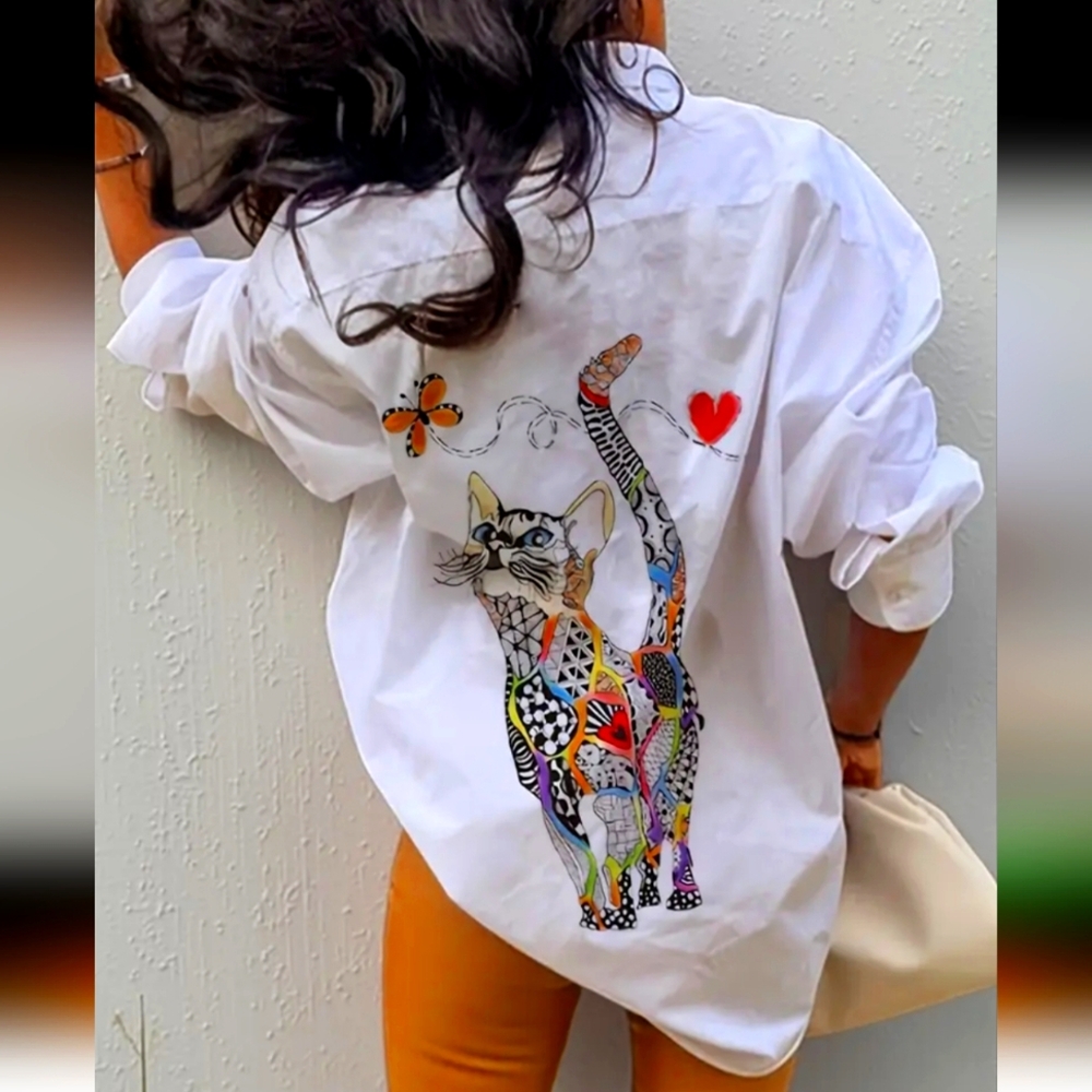 Casual Long Sleeve Cat Print Shirt - Patched Pocket Button Front, Spring & Fall - Picture 1 of 6